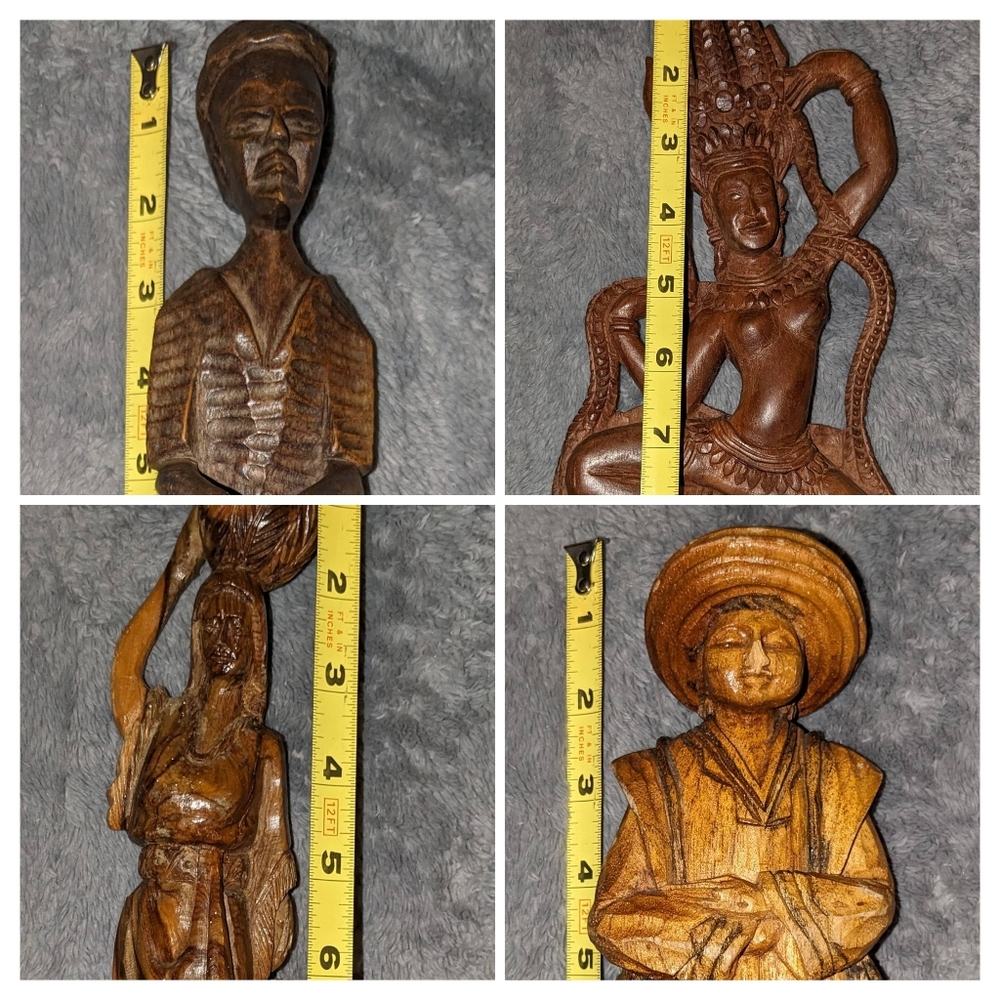 4 Hand Carved Wood Figures-Rare-Dancing Aspara Goddess,Woman W/Water Jug & More!